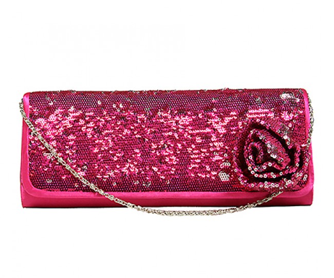 Evening Bag - Sequined Clutch w/ Flower - Fuchsia - BG-92105FU